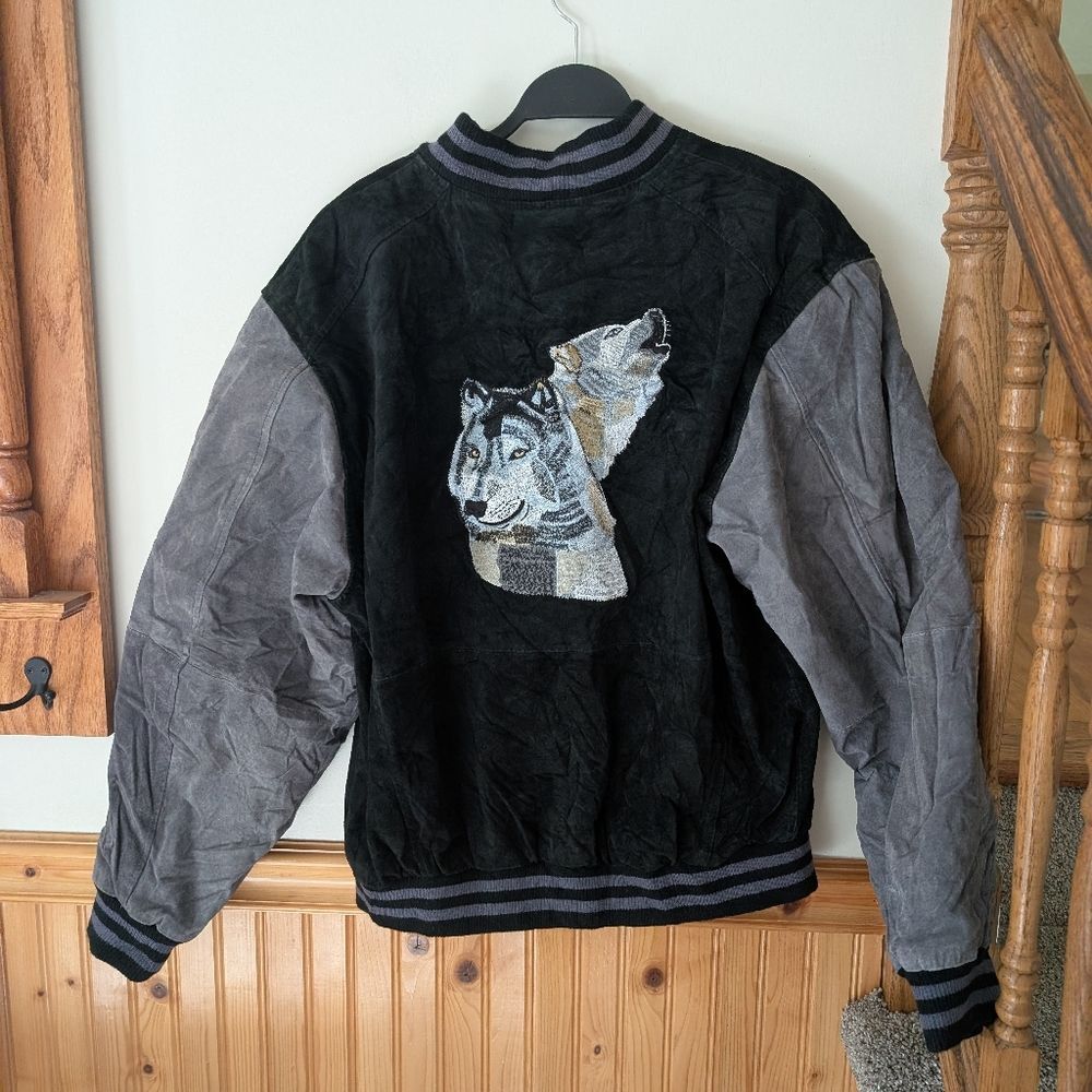 Vintage 90s Wolf Embroidered Suede Varsity Streetwear Bomber‎ Jacket Size Large